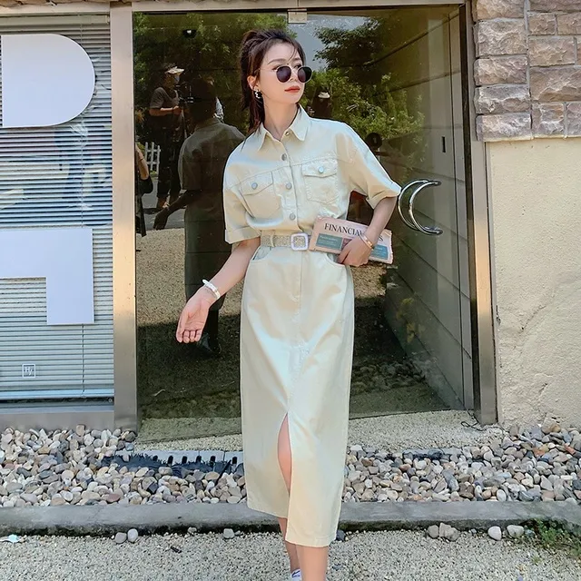 法式复古工装衬衫牛仔连衣裙女夏2024新款气质女神范显瘦开叉长裙