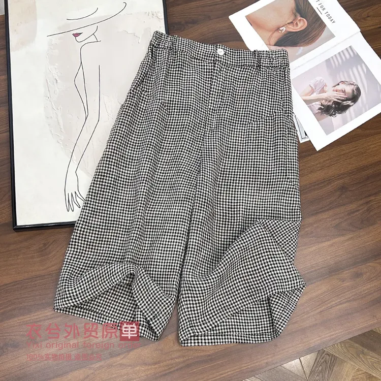 （经典黑白格七分裤）8688夏季高端大气简约百搭双口袋七分裤H