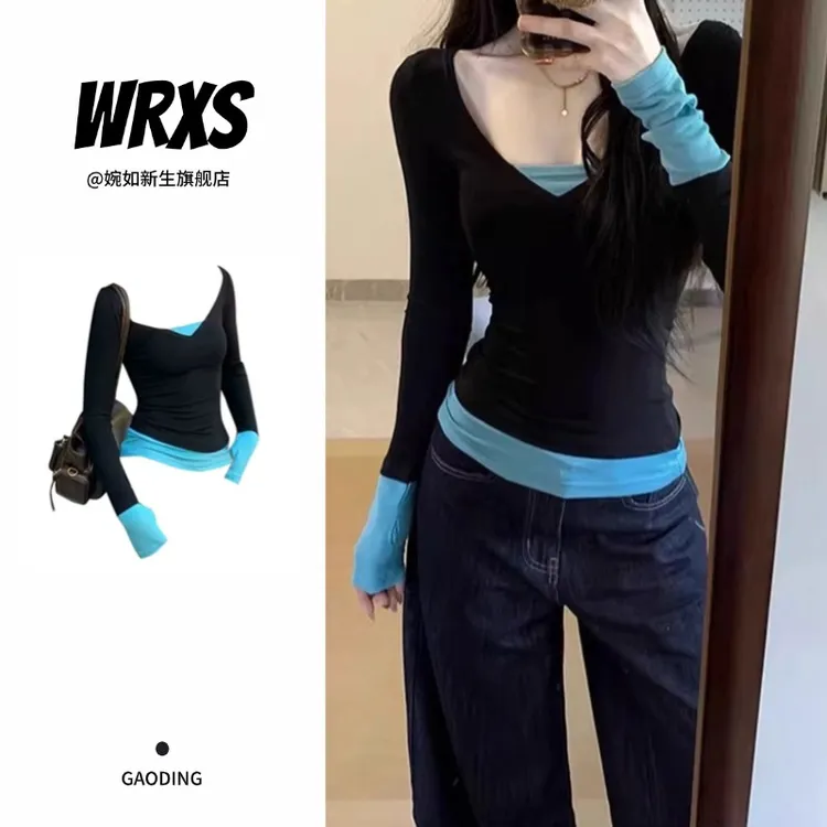 【婉如新生】黑蓝撞色假两件v领长袖t恤女内搭打底辣妹修身纯欲上衣