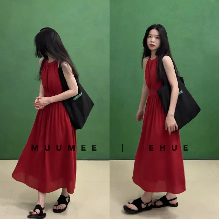 MUUMEE【自制】夏日哑光肌理感红色黑色小清新通勤收腰清冷感小黑裙