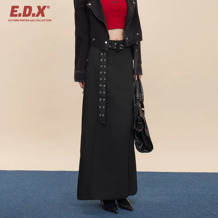 EDX黑色后开叉半身裙女春季高腰垂感设计感小众显瘦加厚a字长裙子