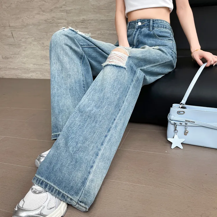 破洞直筒牛仔裤女夏季2025年新款设计感高腰小个子窄版阔腿拖地裤