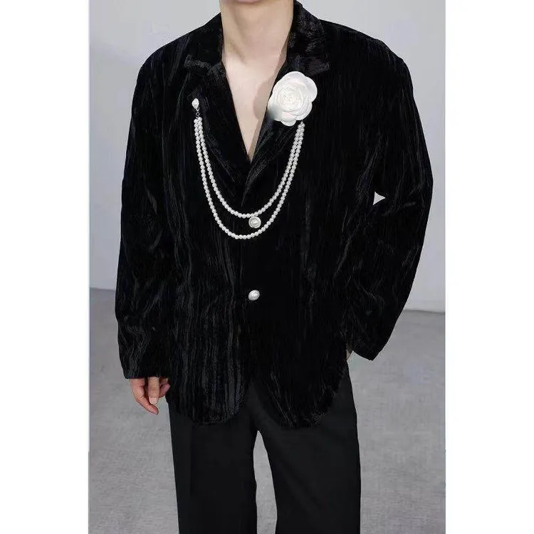 小香风珍珠山茶花胸针高档丝绒绅士西装痞帅外套气质时尚西服小众