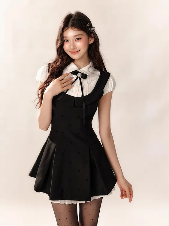 赫本风蝴蝶结假两件连衣裙女2025夏季新款甜美温柔公主a字短裙子