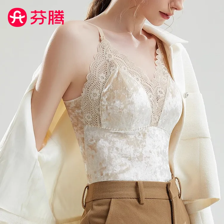 芬腾秋冬法式丝绒性感蕾丝吊带背心女加绒内搭打底带胸垫美背上衣商品图