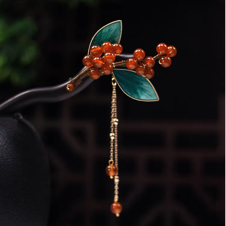 手工蚕丝非遗绒花黑檀木红色新年复古中国风发簪古风木发簪