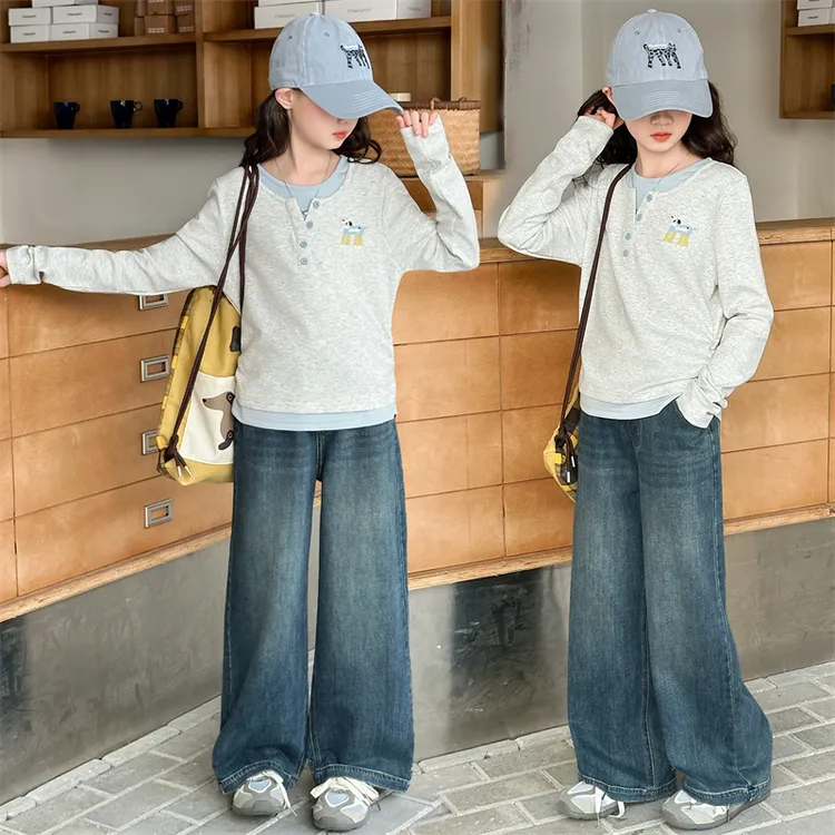 女童春秋假两件上衣套装2025新款秋装女大童洋气百搭牛仔裤两件套
