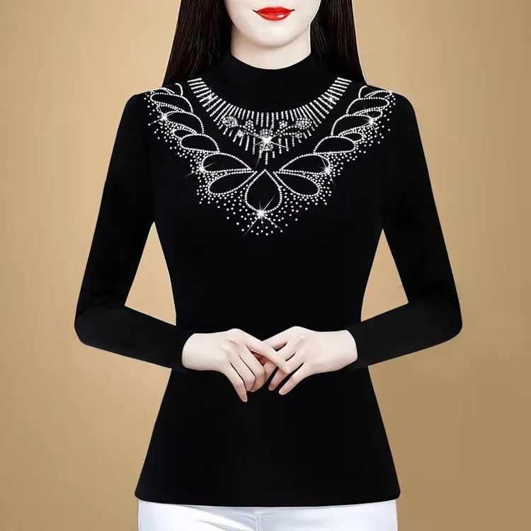 秋冬双层加绒妈妈打底衫烫钻修身弹力上衣半高领纯色百搭时尚小衫