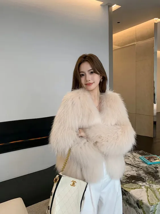 貉子毛编织短款中长款女V领极简风长袖均码多样单排扣