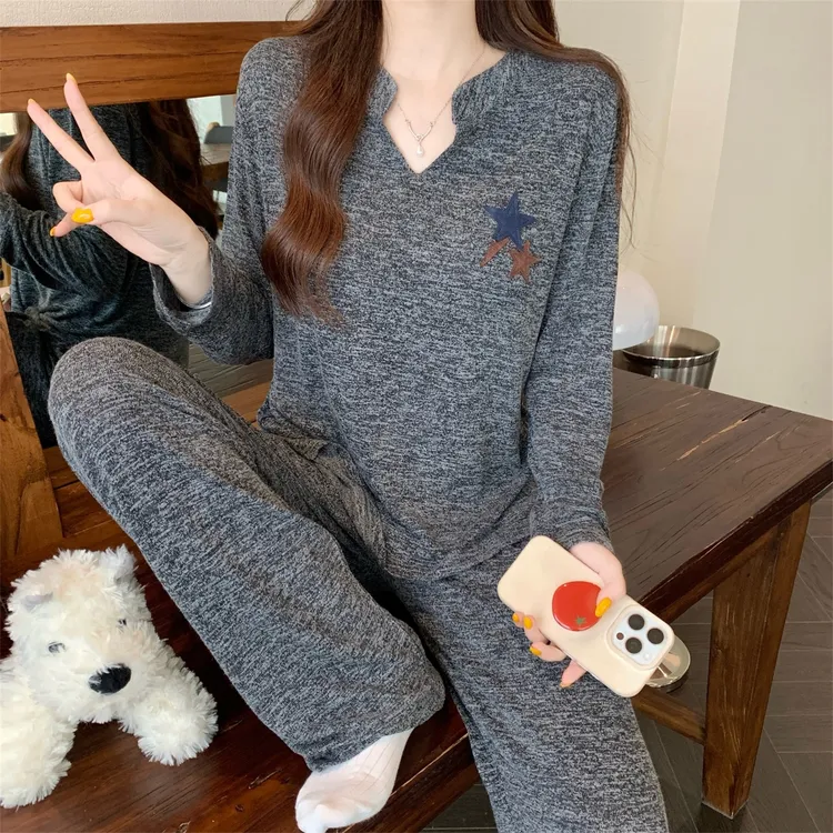 长袖睡衣女款春秋季彩棉性感ins风女士宽松带胸垫深灰时尚两件套