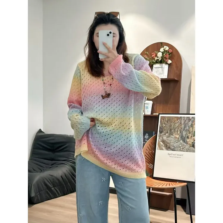 【咔咔】多巴胺-镂空薄款甜美风中长款毛针织衫宽松K0350