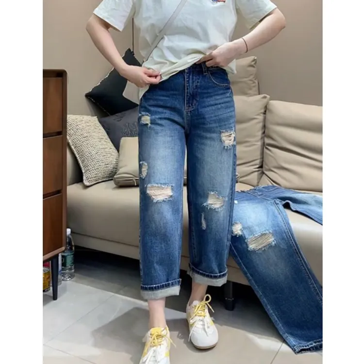 大码九分高腰破洞法棍牛仔裤女2025年夏季新款小个子显瘦直筒裤