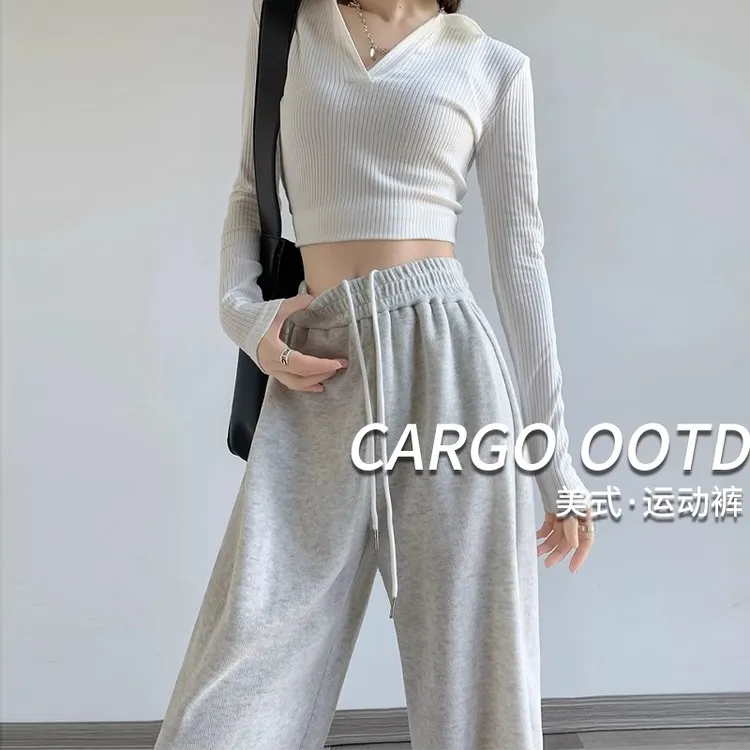 灰色运动裤女春秋2025新款高腰宽松束脚休闲卫裤抽绳显瘦阔腿裤子