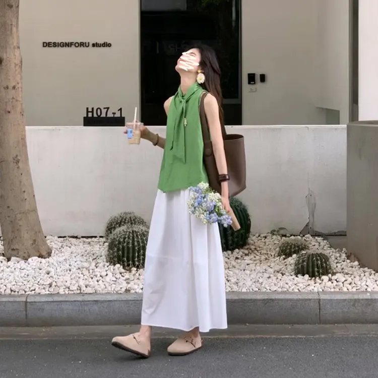 2025夏季新款女韩系穿搭系带修身无袖背心上衣百搭高腰显瘦半身裙