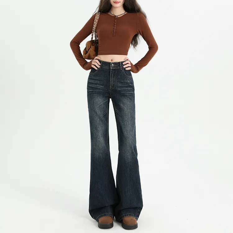 美式低腰微喇牛仔裤女秋季新款复古修身显瘦垂感不贴腿喇叭拖地裤