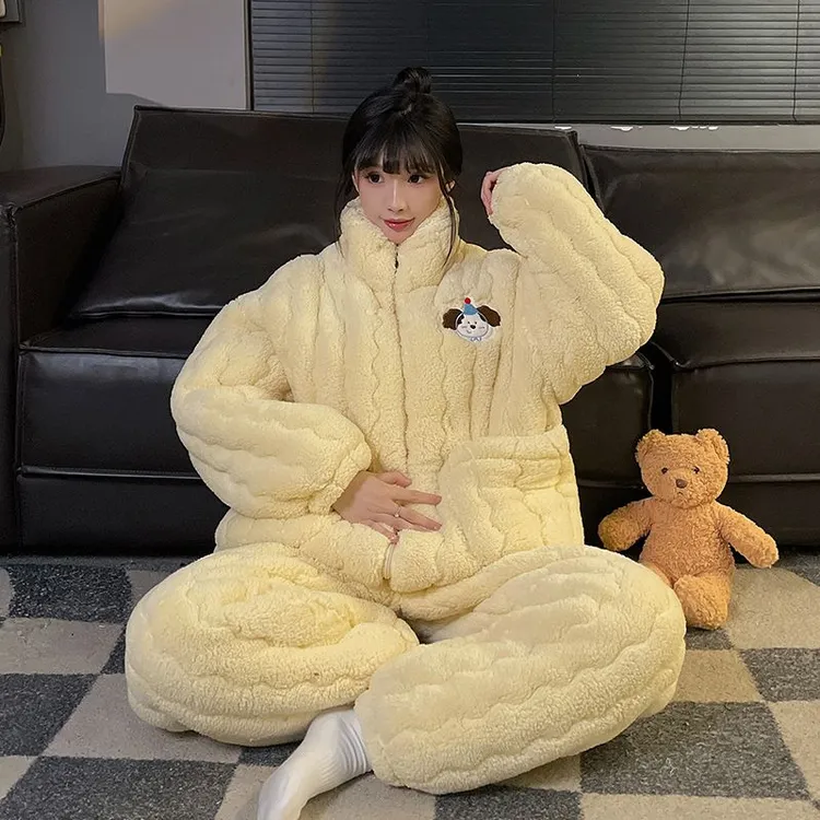 秋冬季宽松保暖睡衣女可外穿三层夹棉拉链立领卡通学生家居服套装