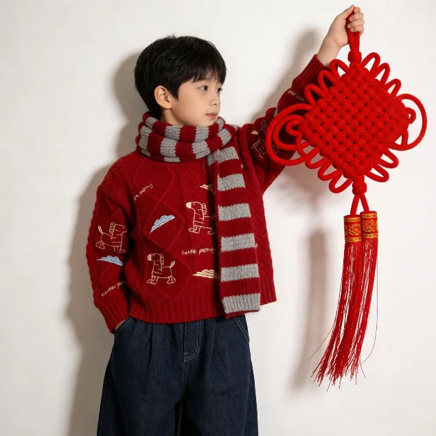 红色毛衣加厚儿童男女秋冬拜年新年针织套头圆领长袖保暖打底圣诞