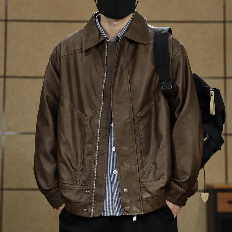 美式复古男士飞行员PU皮衣夹克男高街宽松水洗做旧翻领机车皮外套