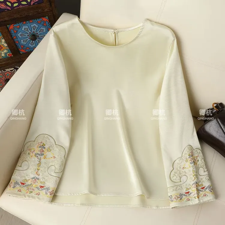 【吉祥如意】新中式国风秋季如意刺绣圆领套头长袖宽松上衣556
