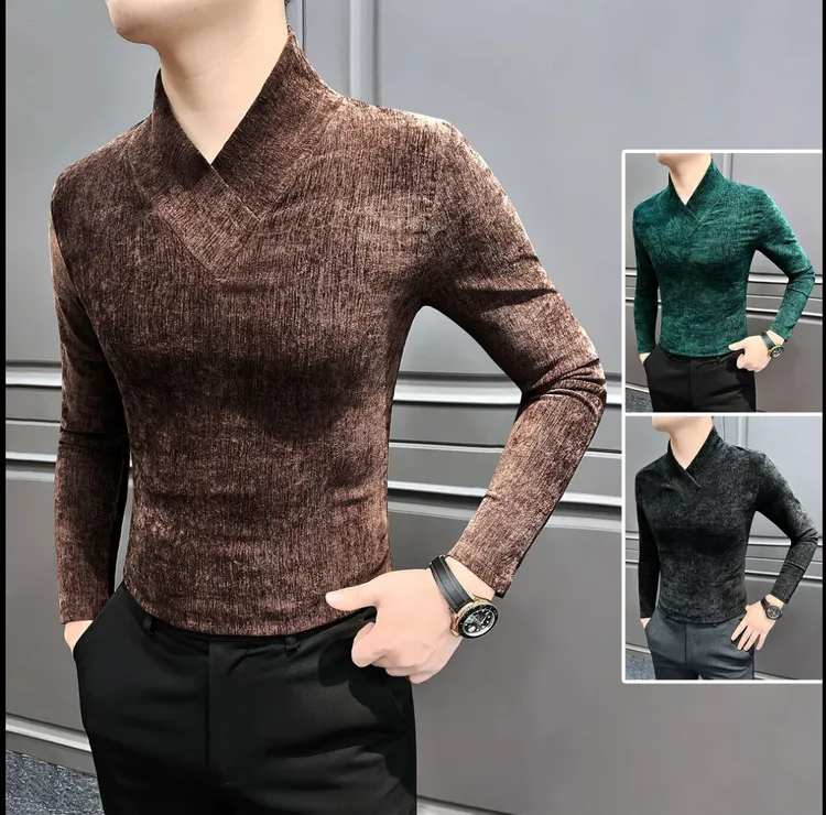雪尼尔长袖v领打底衫男款秋季爆款2025新款男装高级感男士休闲T恤