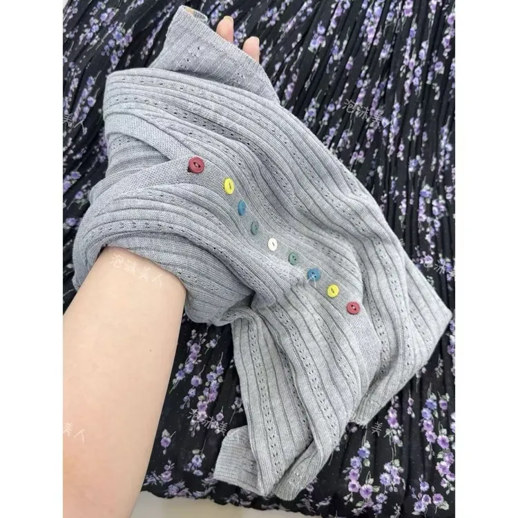 糖果扣镂空衫」坑条竖纹理薄款亚麻短袖V领针织开衫女25夏季新款