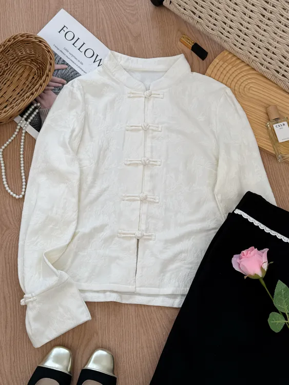 【阳春白雪】秋冬加绒加厚新中式白色立领盘扣打底外穿小衫遮肉百搭