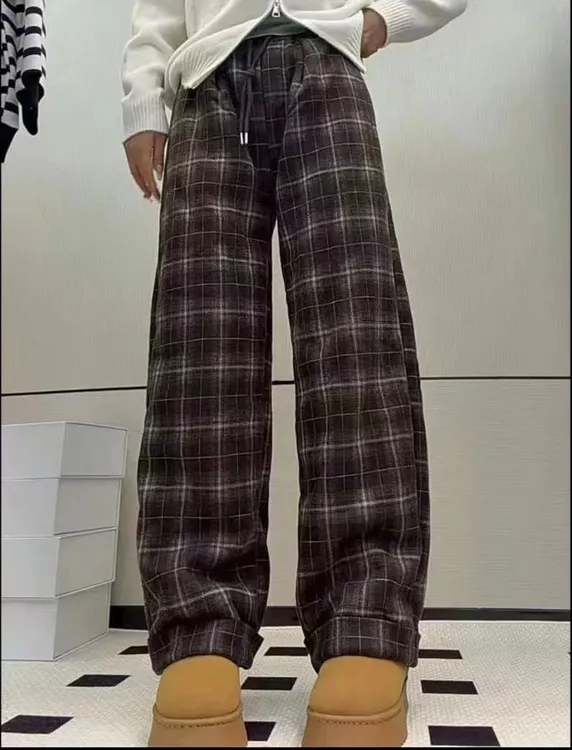 仿兔毛格子裤冬季2025年新款垂感高腰加厚休闲直筒复古阔腿裤