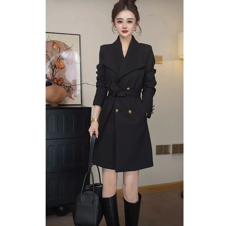 冬季新款时尚大领口风衣外套高级感收腰显瘦排扣风衣