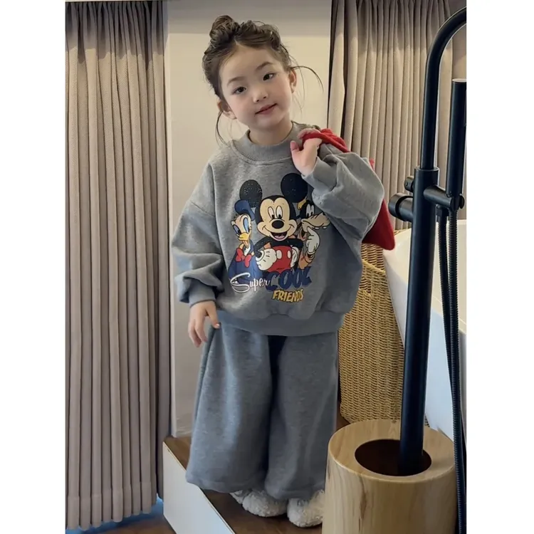 儿童加绒套装2025秋冬新款韩版洋气加厚两件套女童可爱卫衣卫裤潮