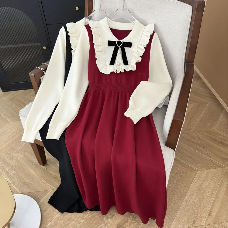 秋冬新款甜美韩版蝴蝶结针织连衣裙大码中长款木耳边撞色假两件套