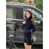 KUBERAS 复古休闲短款修身翻领针织夹克外套阔腿长裤弹力短裤套装