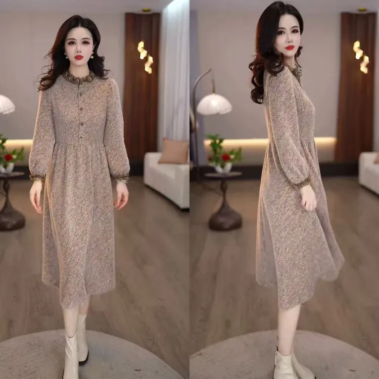 【连衣裙】贵妃绒冬季新款时尚精致优雅洋气气质显瘦中长款连衣裙