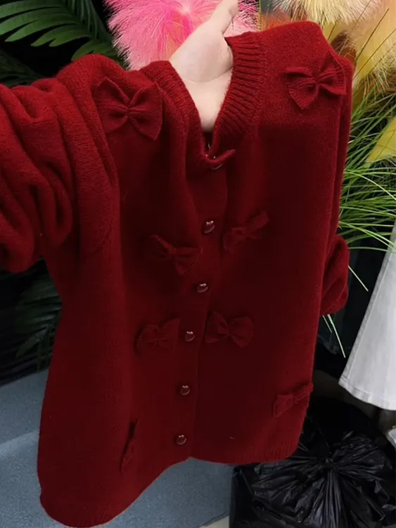 新年战袍跨年本命年红色毛衣女2026冬季新款圆领单排扣针织衫毛衣