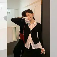 【现货】胖mm秋季韩系慵懒风长袖遮肉显瘦蕾丝拼接上衣假两件08012