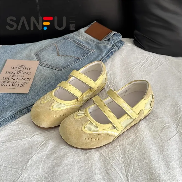 三福芭蕾舞鞋女2025年夏季新款魔术贴平底舒适圆头浅口一字带单鞋