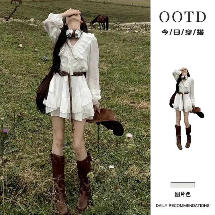 云南新疆草原白色长袖连衣裙女夏季2025新款旅游穿搭气质收腰短裙