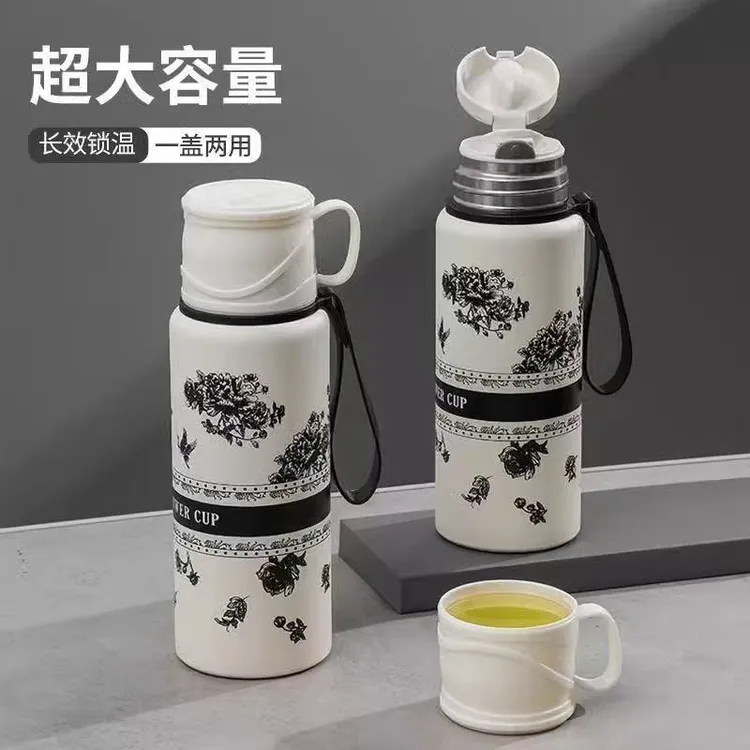 栀子花保温杯316不锈钢大容量水杯女生学生高颜值便携双盖随行杯L