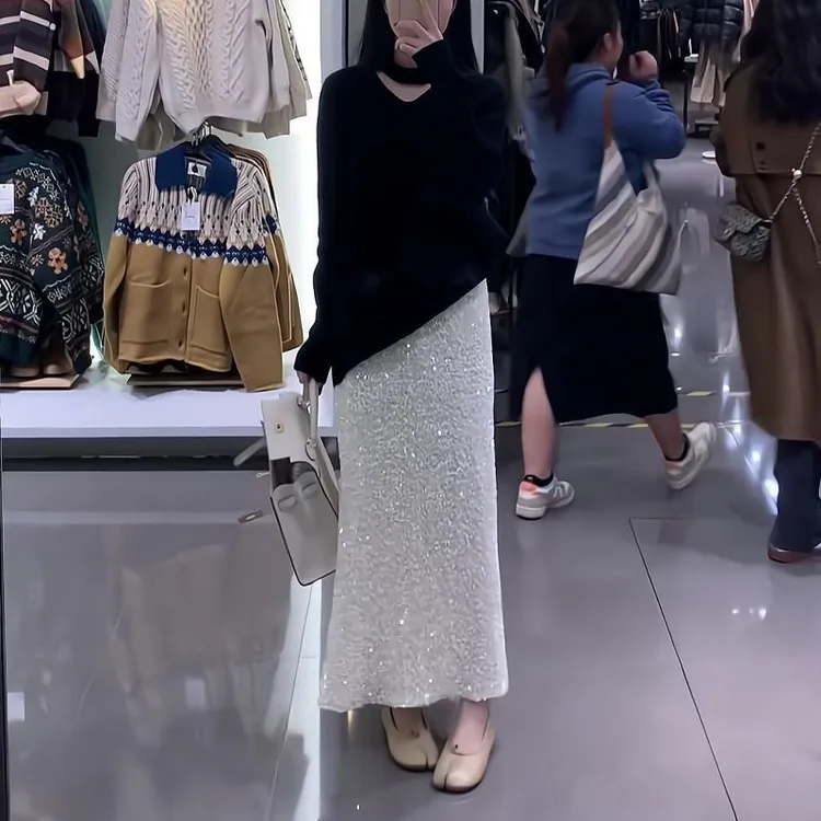 显瘦重工亮片高腰显瘦半身裙子女2025春秋冬亮闪闪中长款鱼尾裙女