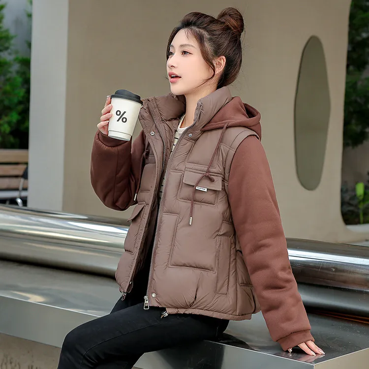 2024棉衣女撞色连帽短款韩版休闲宽松百搭加厚保暖防寒服时尚棉服