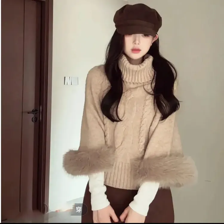 复古洋气高领麻花纹拼接毛绒绒针织衫女2025冬季新款宽松软糯毛衣