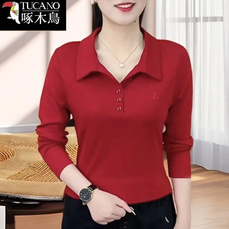 啄木鸟正品2025年新款刺绣上衣休闲百搭春秋季POLO翻领长袖t恤女