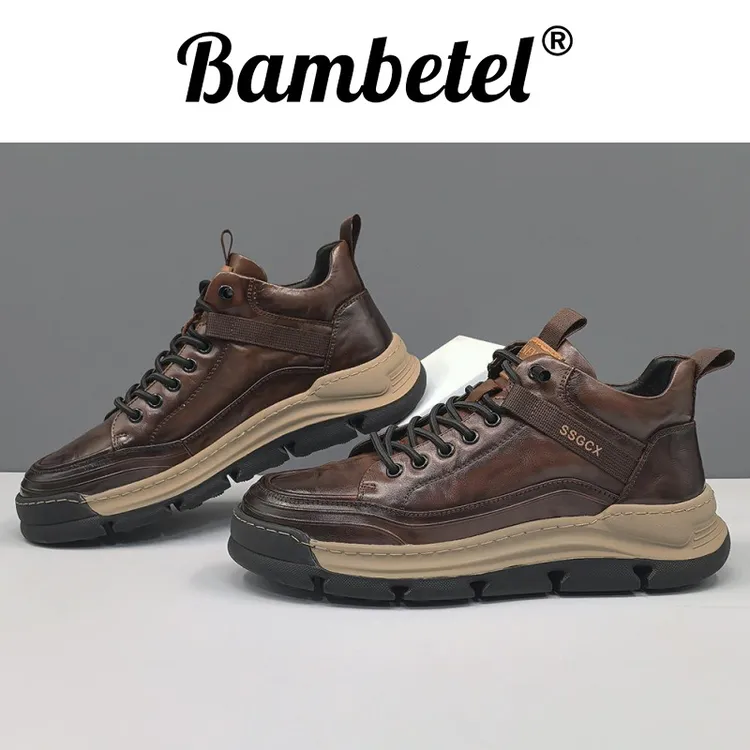 Bambetel新款冬季男士加厚保暖头层牛皮低帮酷帅板鞋男鞋百搭潮流