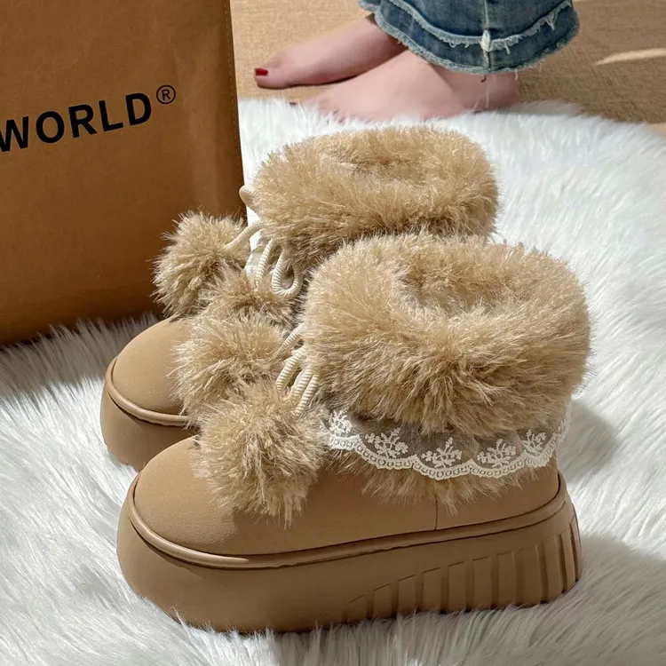 毛绒雪地靴女款防滑2025新款加绒冬季防寒保暖厚底棉鞋女士棉拖鞋