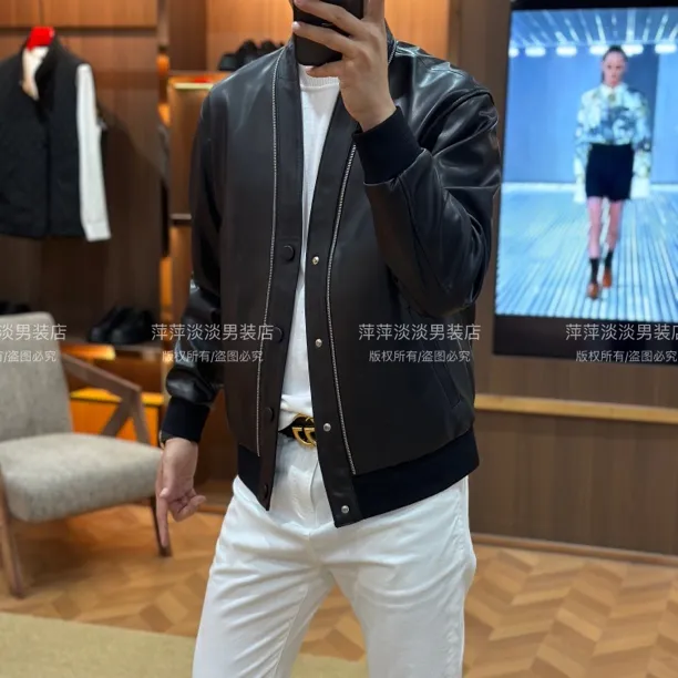 秋季轻奢高品质男士青果领休闲皮夹克25001