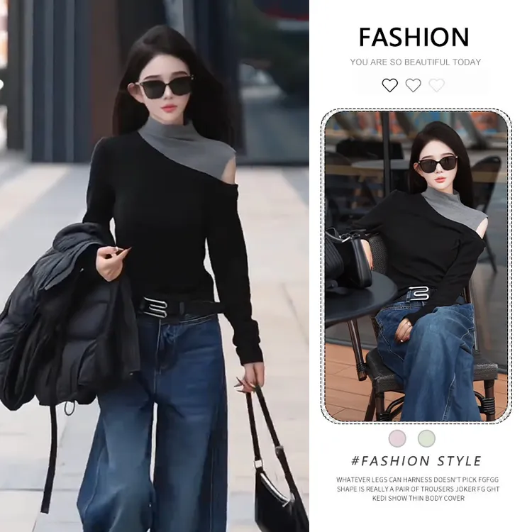 韩系别致显瘦半高领露肩T恤女2025秋冬新款时尚气质假两件短上衣