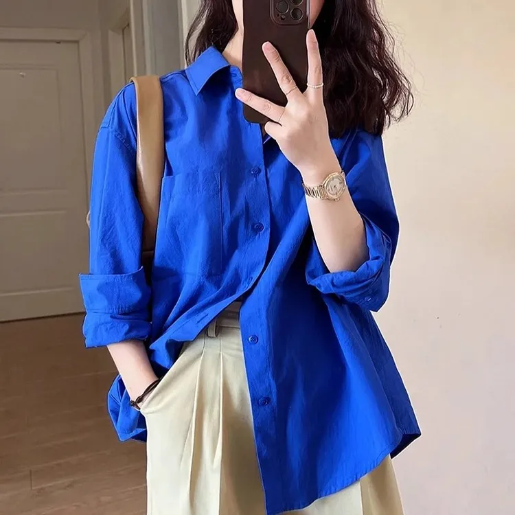 法式克莱因蓝长袖纯棉衬衫女早秋上衣时尚百搭外穿衬衣女跨境批发