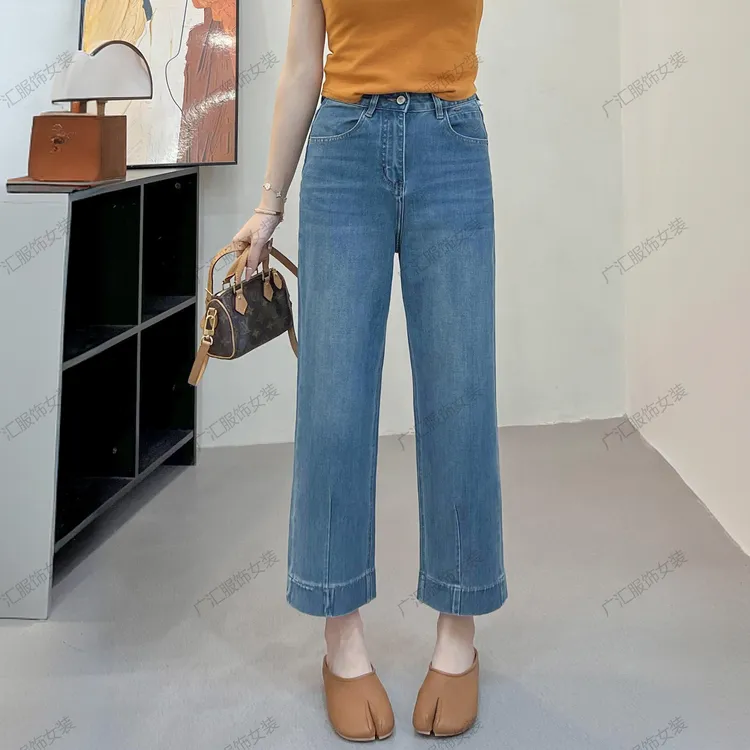 蓝色高腰夏季弹力牛仔裤水洗极简风显瘦春季直筒裤九分裤女生女