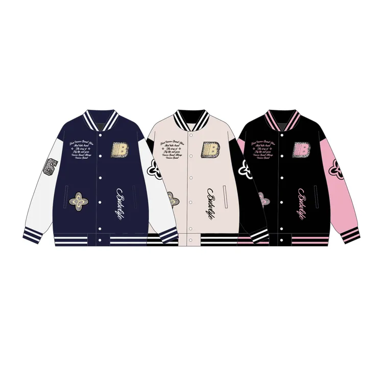 美式复古豹纹立体毛巾绣毛呢拼接pu皮宽松男女同款夹克棒球服外套