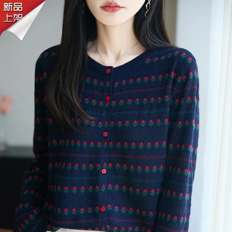 哥弟阿玛施正品2025秋季长袖羊毛衫上衣新款圆领花朵洋气针织开衫