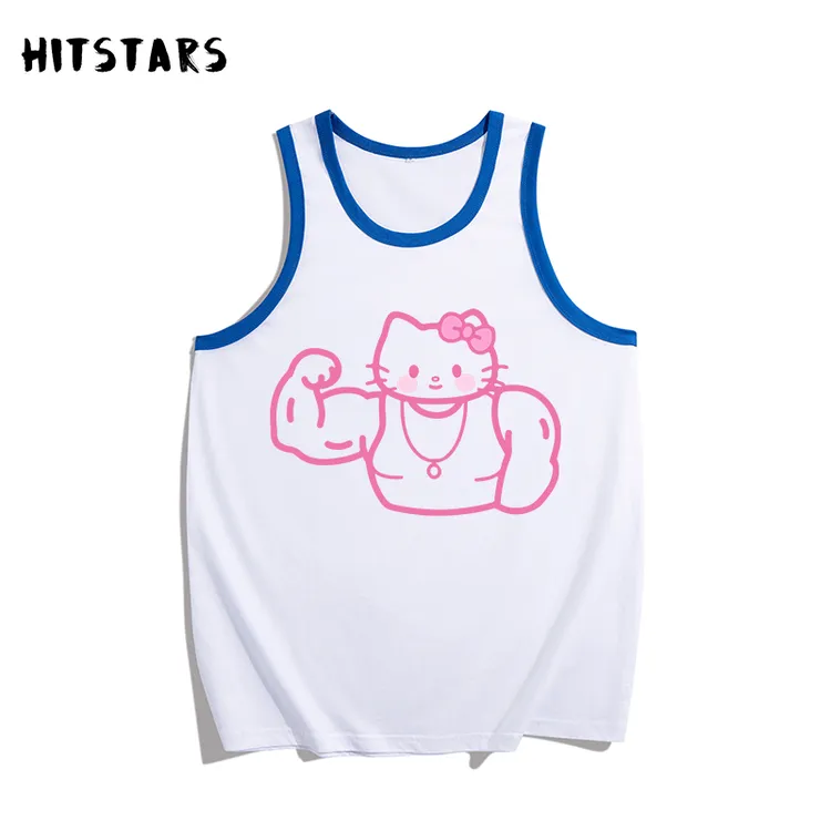 国潮复古肌肉线条猫趣味纯棉背心男女健身运动宽松无袖马甲夏季